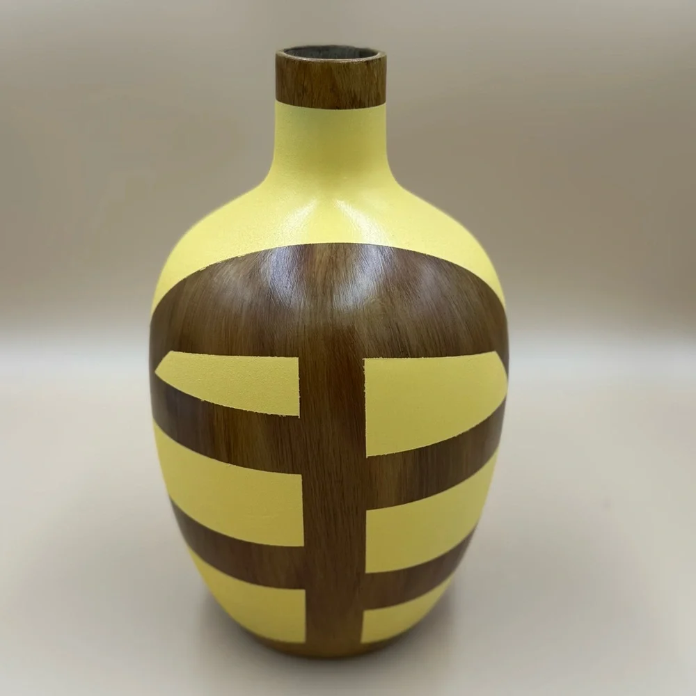 Modern Wood Vase with Yellow Geometric Mid-Century Modern Style Inspired Design